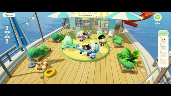 Screenshot from Starsand Island showing a carousel with colorful plane rides on a sunny wooden deck by the water.