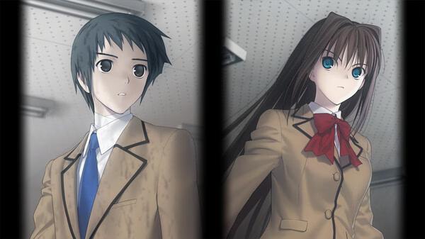 Screenshot from "WITCH ON THE HOLY NIGHT" showing two characters in school uniforms standing in a classroom setting.