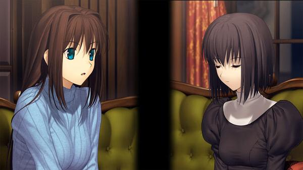 Screenshot from WITCH ON THE HOLY NIGHT showing two characters sitting on a green sofa, one talking and the other with eyes closed.