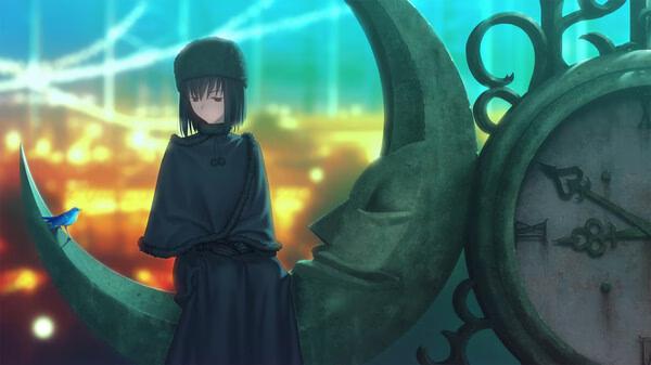 Screenshot from WITCH ON THE HOLY NIGHT showing a girl sitting on a crescent moon sculpture with a glowing cityscape in the background.