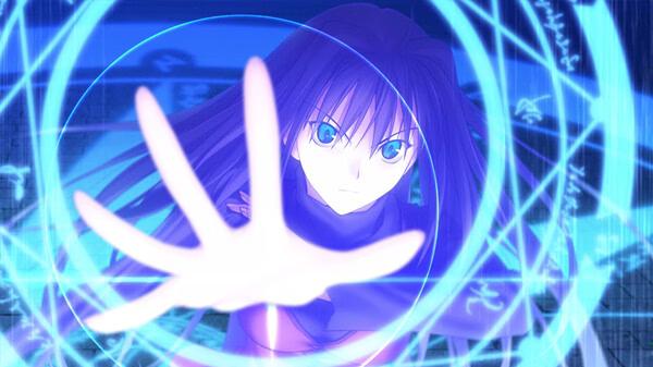 A screenshot from "WITCH ON THE HOLY NIGHT" showing a character casting a glowing blue magical spell with runic symbols.