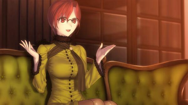 A screenshot from WITCH ON THE HOLY NIGHT showing a red-haired character with glasses sitting on a green vintage sofa.