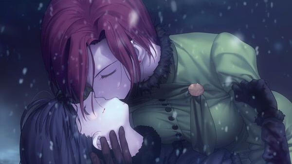 Screenshot from WITCH ON THE HOLY NIGHT showing two characters kissing passionately in a snowy, atmospheric setting.