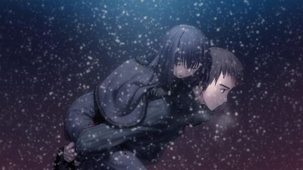 A screenshot from WITCH ON THE HOLY NIGHT showing a snowy scene with a character carrying another on their back at night.