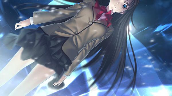 Screenshot from WITCH ON THE HOLY NIGHT showing a girl with long hair in a school uniform, surrounded by a glowing blue background.