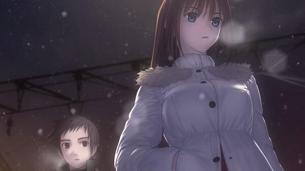 Screenshot from "WITCH ON THE HOLY NIGHT" showing two characters standing in the snow under a dark, cloudy sky.