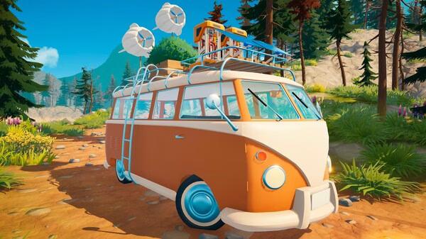 Screenshot from the game Outbound showing a retro orange van parked on a dirt road in a vibrant forest setting.