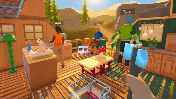 Screenshot from the game Outbound showing characters Dani, Dylan, and Tyler in a cozy wooden cabin with a scenic mountain view.