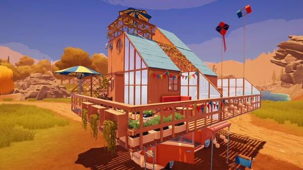 A screenshot from the game Outbound showing a colorful wooden house on wheels in a sunny, open countryside setting.