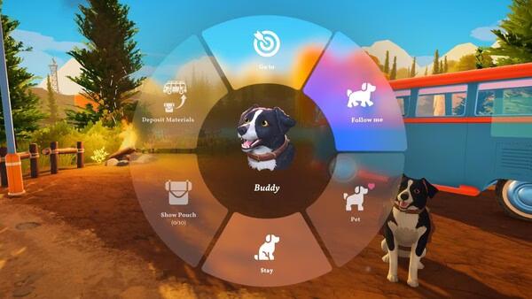 Screenshot from the game Outbound showing a menu wheel around a dog named Buddy, with options like "Pet" and "Follow me."