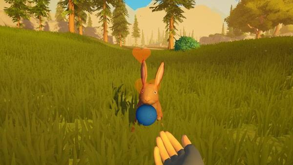 A screenshot from Outbound showing a rabbit holding a blue ball in a grassy field, with a hand reaching toward it.