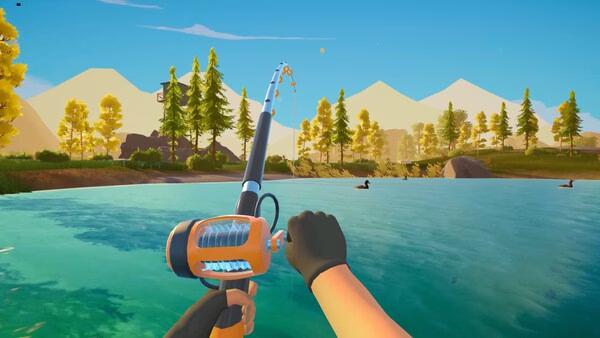 A screenshot from Outbound shows a player fishing in a serene lake, surrounded by trees and mountains under a clear sky.