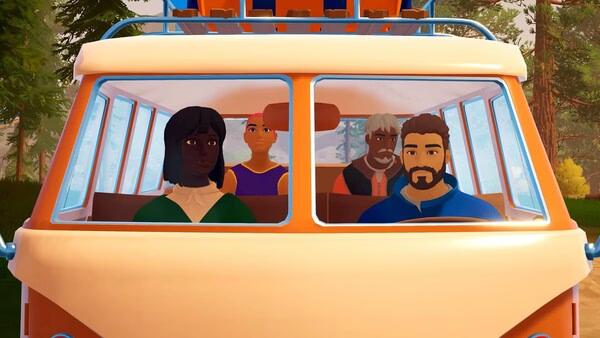 A screenshot from the game Outbound showing four characters seated inside a van with a forest visible in the background.