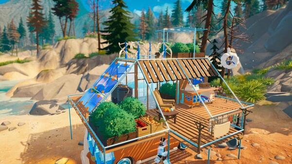 A screenshot from the game Outbound showing a detailed solar-powered camper with plants and gear on a sunny beach.