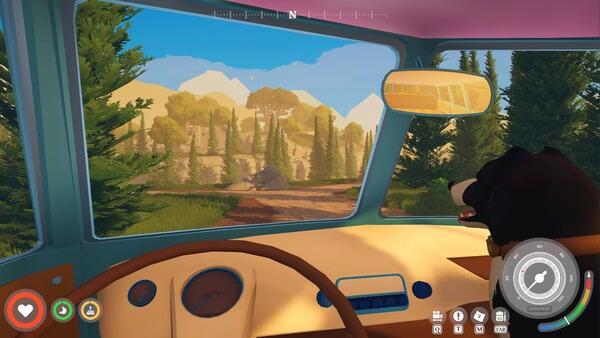 A screenshot from Outbound showing a dog in a car's passenger seat, overlooking a scenic forest and mountains.