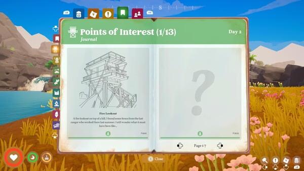 Screenshot from the game Outbound showing an open journal with "Points of Interest" and a lookout tower illustration.