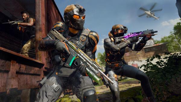 A Call of Duty: Black Ops 6 screenshot showing two armed soldiers in futuristic gear aiming rifles, with a helicopter in the sky.
