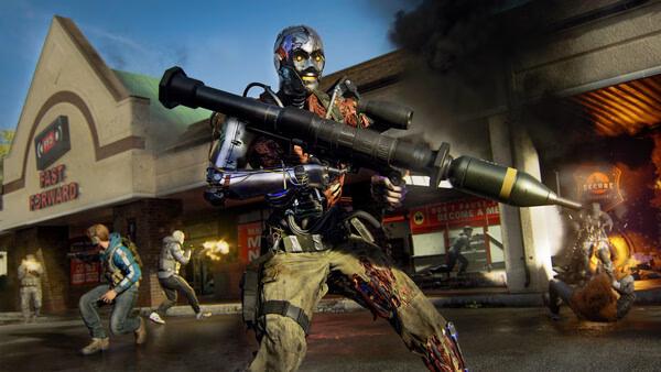Screenshot from Call of Duty: Black Ops 6 showing a cyborg soldier wielding a large rocket launcher in a chaotic urban scene.
