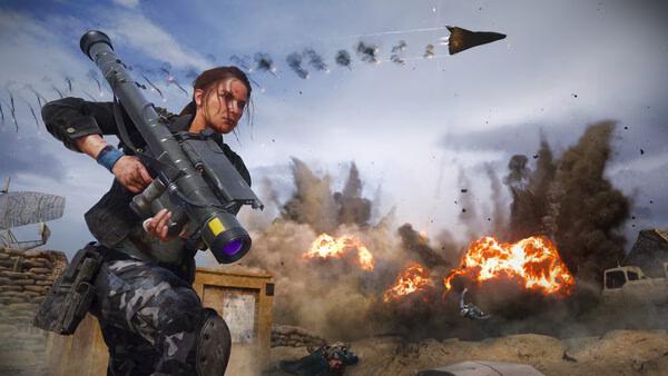 A Call of Duty: Black Ops 6 screenshot showing a soldier with a rocket launcher amidst explosions and enemy aircraft.