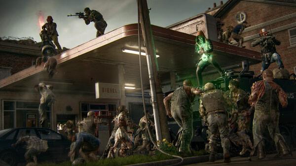 Screenshot from Call of Duty: Black Ops 6 showing soldiers battling zombies on a rooftop and the ground near a gas station.