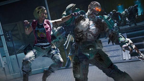 Call of Duty: Black Ops 6 screenshot: A character battles a cybernetic zombie in a futuristic, dimly lit facility.