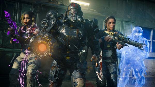 Call of Duty: Black Ops 6 screenshot: Three characters in futuristic armor and weapons, including one glowing holographic figure.