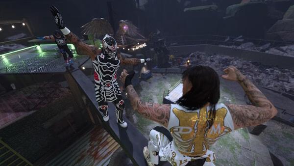 WWE 2K26 screenshot: Two wrestlers in action on a rooftop arena, with one leaping towards the other amidst dramatic scenery.