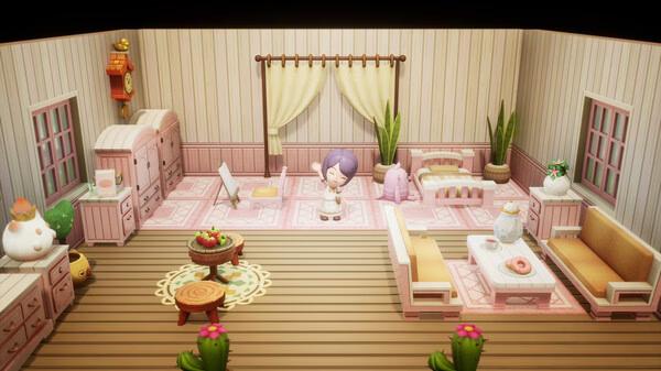 A screenshot from FANTASY LIFE i: The Girl Who Steals Time shows a cozy, pastel-decorated room with furniture and a character inside.