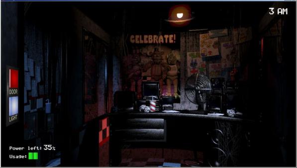 Screenshot from Five Nights at Freddy's showing a dimly lit security office with posters and a desk fan at 3 AM.