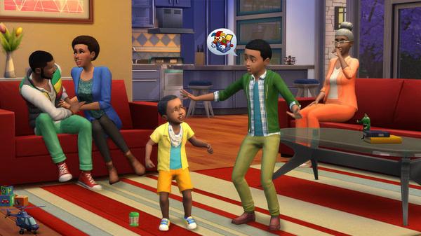 A family gathers in a colorful living room in The Sims 4; a child dances while adults chat and watch. Screenshot from the game.