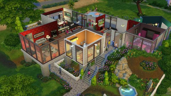 The Sims 4 screenshot: A modern house with large windows, surrounded by lush gardens and Sims characters walking outside.
