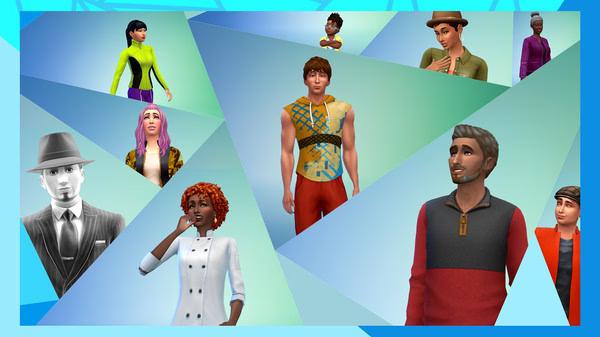 Screenshot from The Sims 4 showing various characters in colorful outfits and diverse styles against a geometric background.
