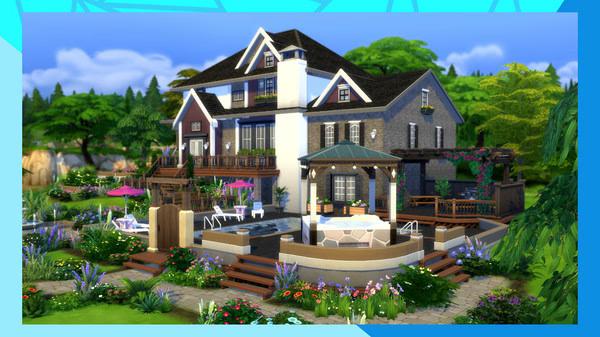 The Sims 4 screenshot showing a beautifully landscaped garden with a large house, patio furniture, and vibrant flowers in the background.