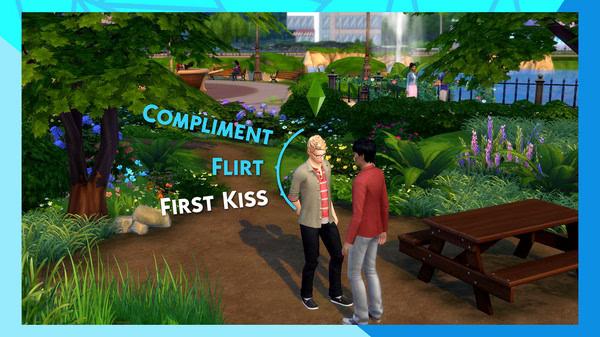 The Sims 4 screenshot: Two characters stand in a park, surrounded by trees and flowers, with interaction options visible.