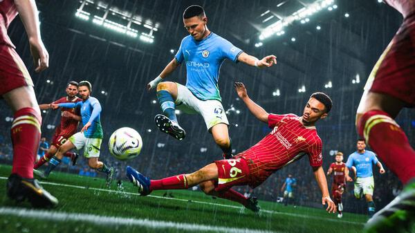 EA SPORTS FC 25 screenshot: Players from Manchester City and Liverpool compete for the ball in a rainy stadium.