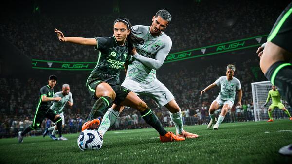 EA SPORTS FC 25 screenshot: Players in action on the field, with one in black attempting to dribble past a defender in white.