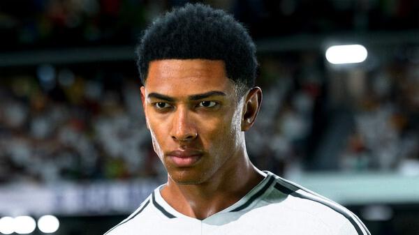 EA SPORTS FC 25 screenshot featuring a detailed character model of a soccer player in a white jersey, set against a blurred stadium background.