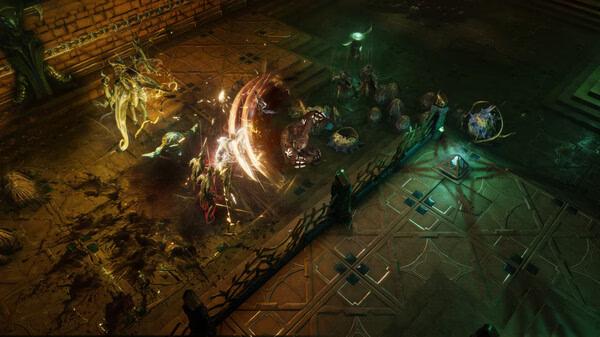 Screenshot from Last Epoch showing a character using magical abilities to battle multiple creatures in a dark, ornate room.