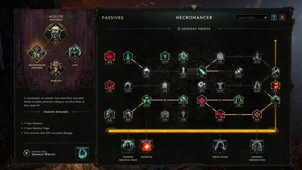 A Last Epoch screenshot showing the Necromancer passive skill tree, highlighting various abilities and upgrade paths.