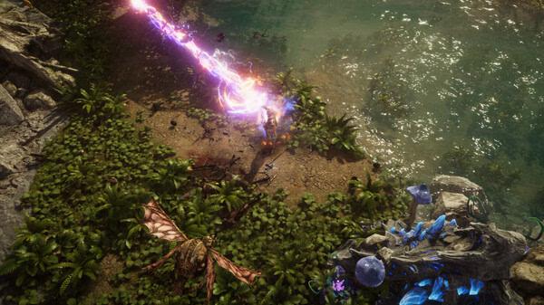 Screenshot of Last Epoch showing a character casting a vibrant purple spell near a lake, with a creature and crystal structure nearby.