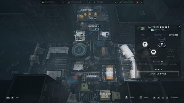 Screenshot from "Quarantine Zone: The Last Check" showing a strategic top-down view of a base with upgrade options for a canteen.