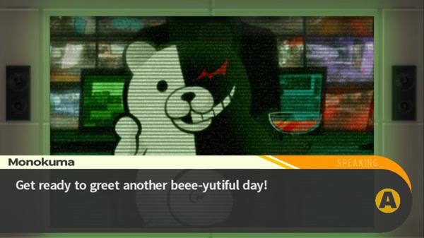 Screenshot from Danganronpa: Trigger Happy Havoc showing Monokuma on screen, delivering a message with a sinister smile.