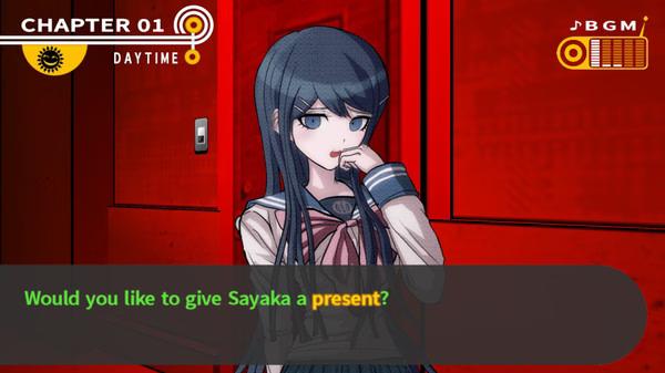 Screenshot from Danganronpa: Trigger Happy Havoc showing Sayaka Maizono pondering in front of a red door during daytime in Chapter 1.
