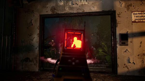 A Killing Floor 3 screenshot showing a player aiming at glowing red enemies through a weapon sight in a damaged building.
