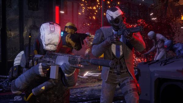 Killing Floor 3 screenshot: Armed soldiers in futuristic gear battle humanoid monsters amidst explosions and chaos in a dark urban setting.
