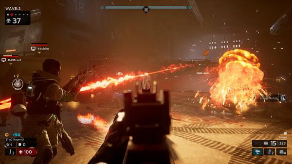 Killing Floor 3 screenshot: Player fires a flamethrower at enemies in a dimly lit industrial setting, with explosions visible.