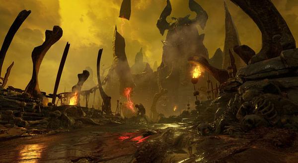 DOOM screenshot: A fiery, desolate landscape with towering structures and ominous skies, evoking a sense of impending doom.