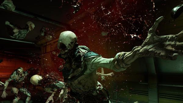 DOOM screenshot featuring a skeletal demon lunging forward in a dark, industrial corridor, surrounded by splatters and debris.