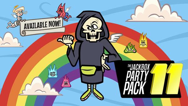 Screenshot of The Jackbox Party Pack 11 showing a winged skeleton with a scroll, surrounded by colorful characters and a rainbow.