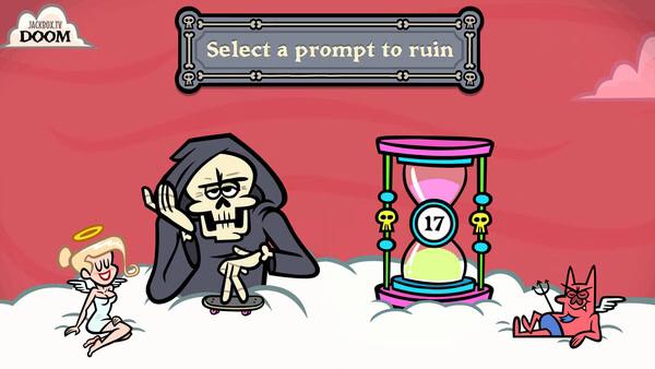 Screenshot from The Jackbox Party Pack 11 showing cartoon characters on clouds with a prompt selection and a timer.